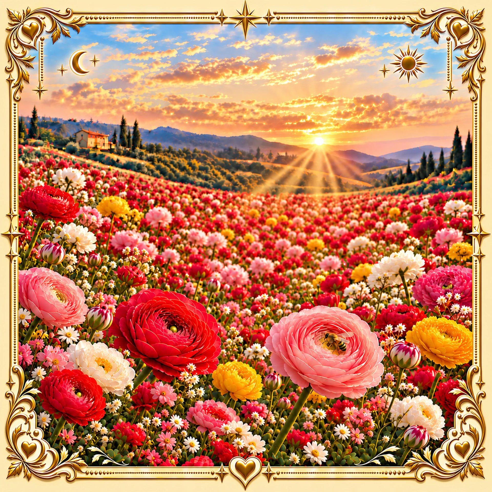 Original Delight artwork, with ranunculus flowers under a golden sunrise and the complete ornate gold border